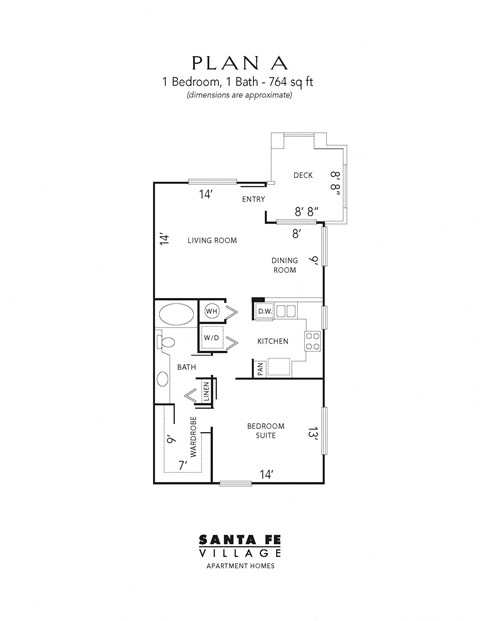 Floor plan for 1 bed, 1 bath, 764 sqft